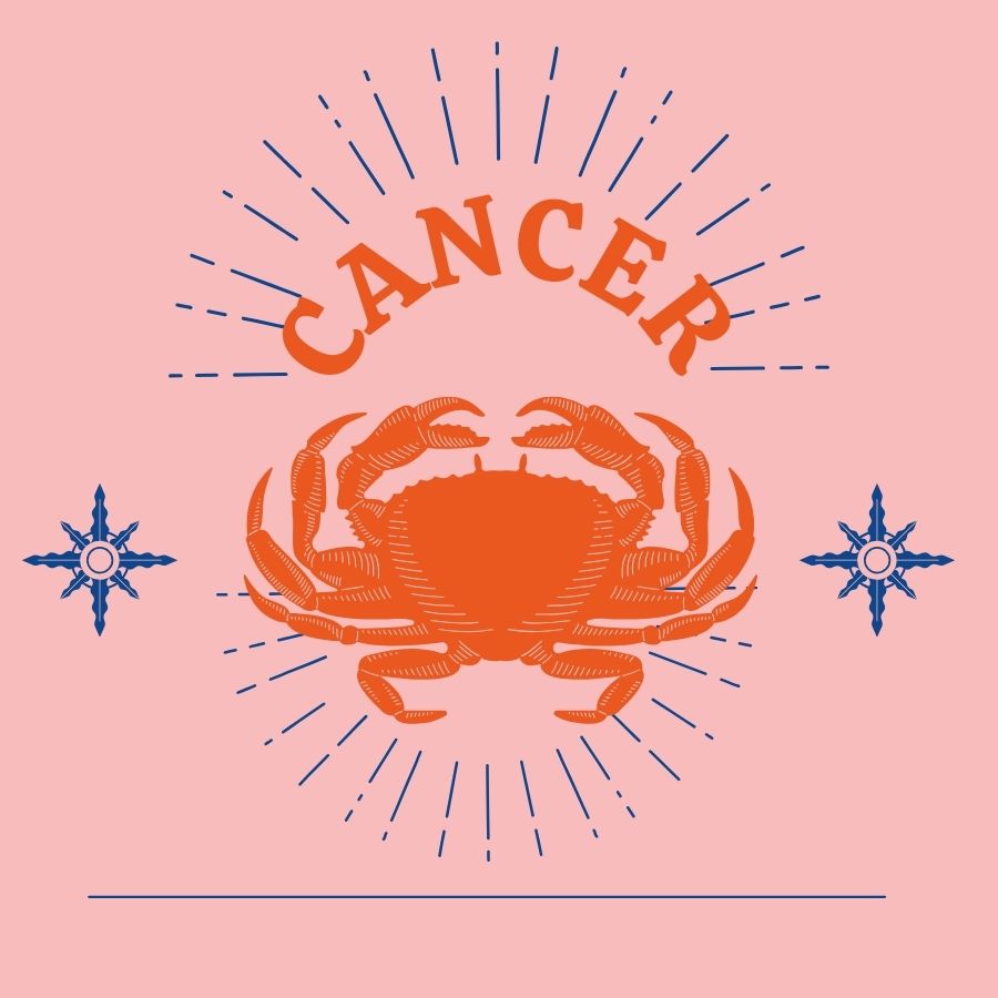 Red zodiac Cancer on a pink background.
