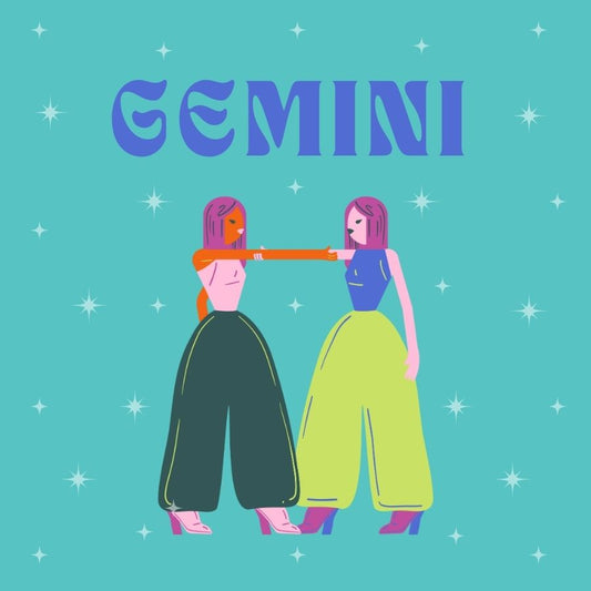Two women figures on a blue background and Gemini sign.