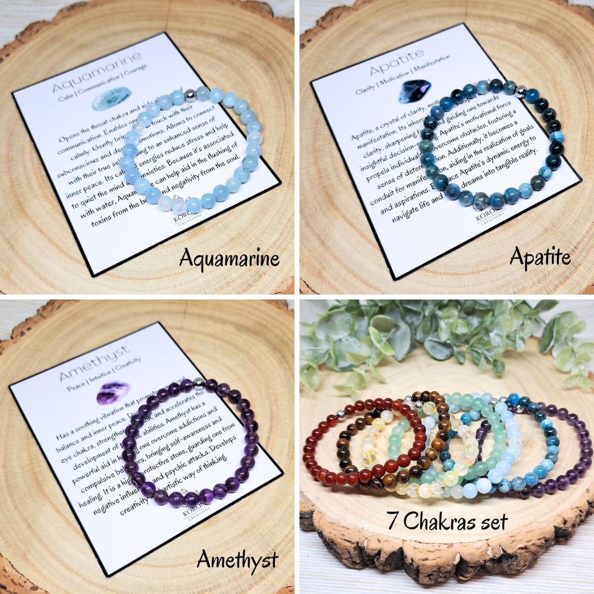 3 bead crystal bracelets and a set of 7 bracelets with explanation cards.