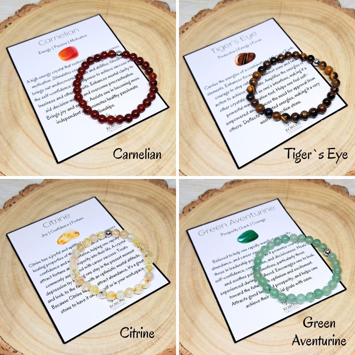 4 bead crystal bracelets and explanation cards.