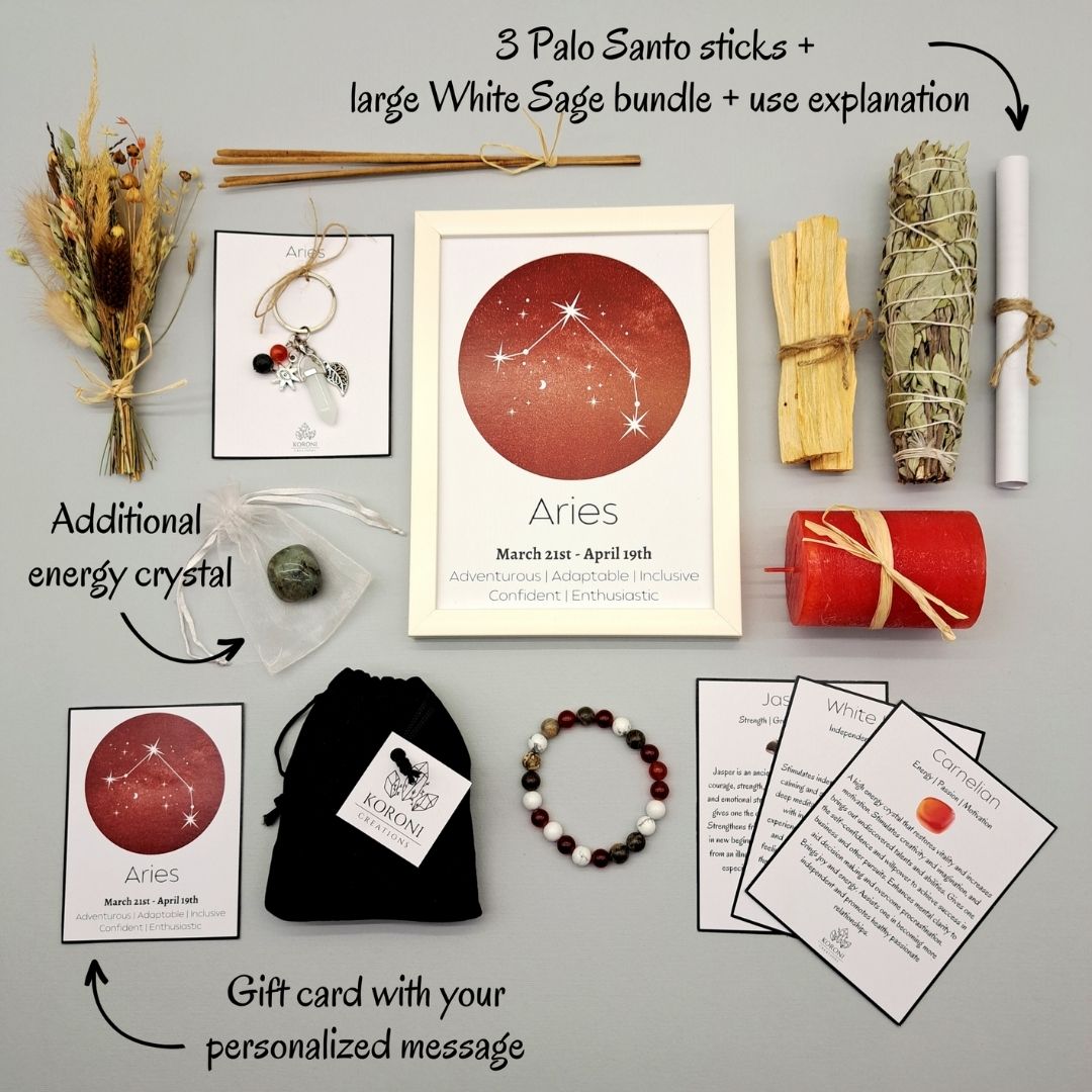 Products from an Aries gift set, placed outside the box on a surface. Print in frame, crystal bracelet, keychain, aroma materials and other products and explanations for some of them.