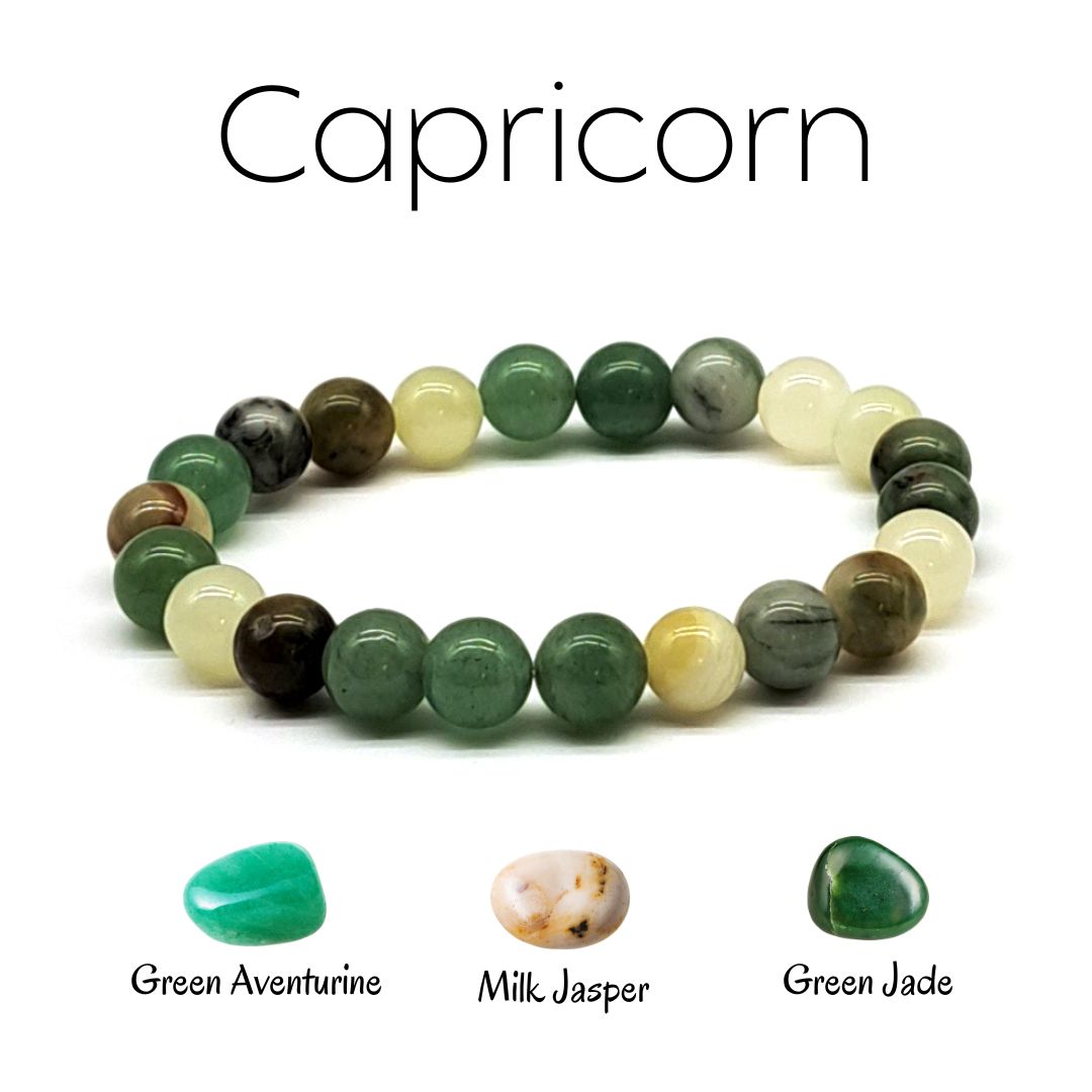 Capricorn beaded stretch bracelet made of Green Aventurine, Milk Jasper, Green Jade. Close front look.