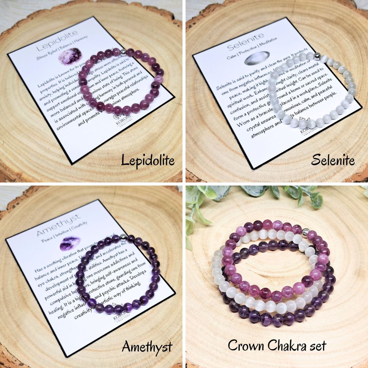 4 photos of crystal bracelets and explanation cards.