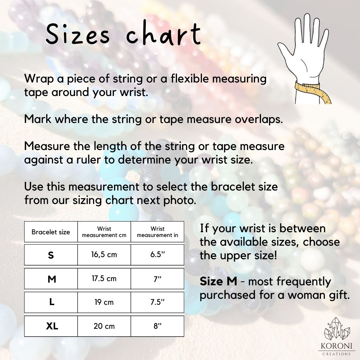 Bracelet sizes chart and explanation how to measure your wrist size.