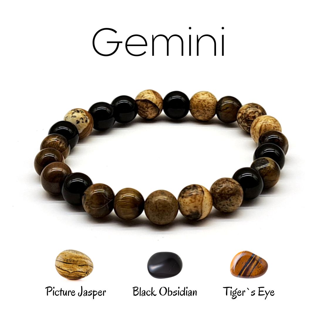 Gemini beaded stretch bracelet made of Picture Jasper, Black Obsidian, Tiger`s Eye. Close front look.