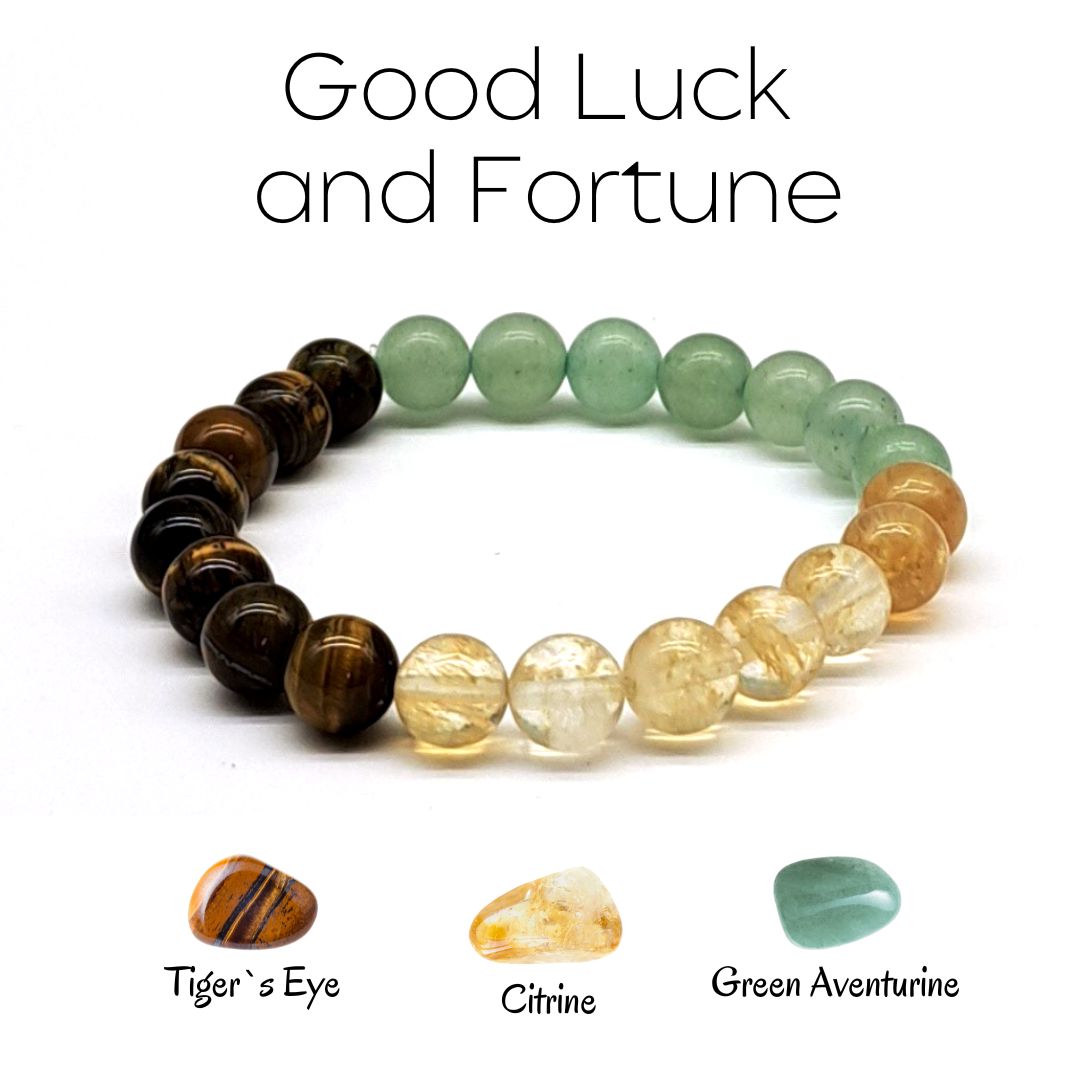 Good Fortune beaded stretch bracelet made of Tiger`s eye, Citrine, Green Aventurine. Close front look.