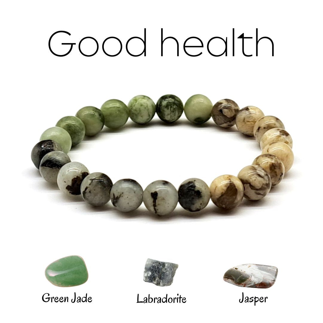 Good Health beaded stretch bracelet made of Green Jade, Labradorite, Jasper. Close front look.