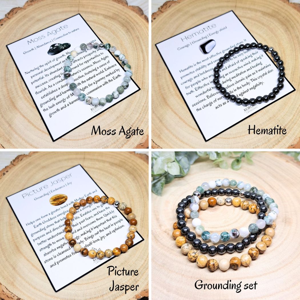 4 photos of crystal bracelets and explanation cards.