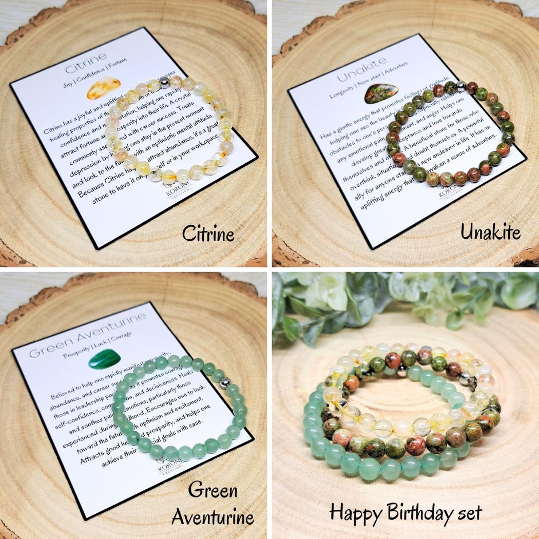 4 photos of crystal bracelets and explanation cards.