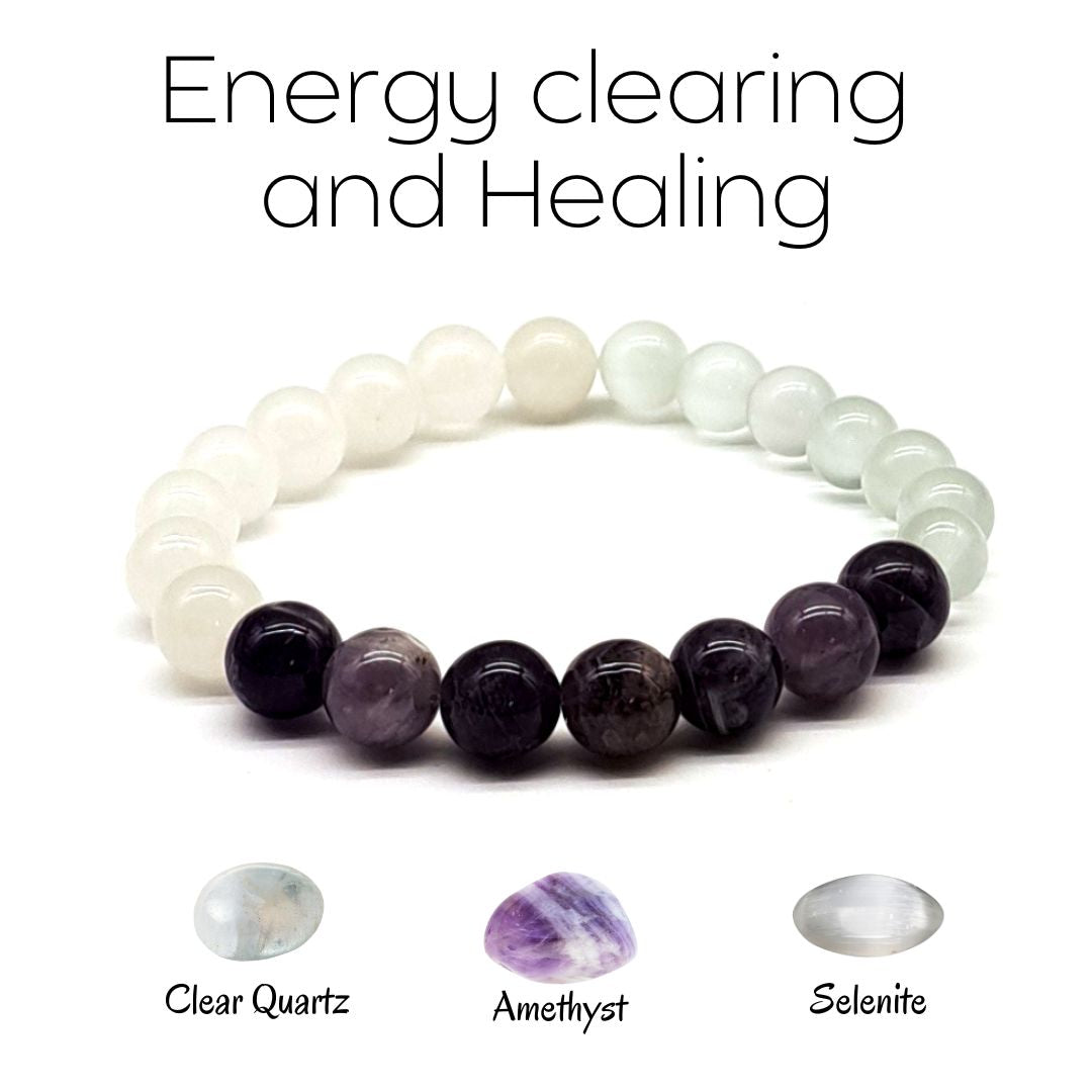 Healing gemstone beaded stretch bracelet made of Clear Quartz, Amethyst, Selenite. Close front look.
