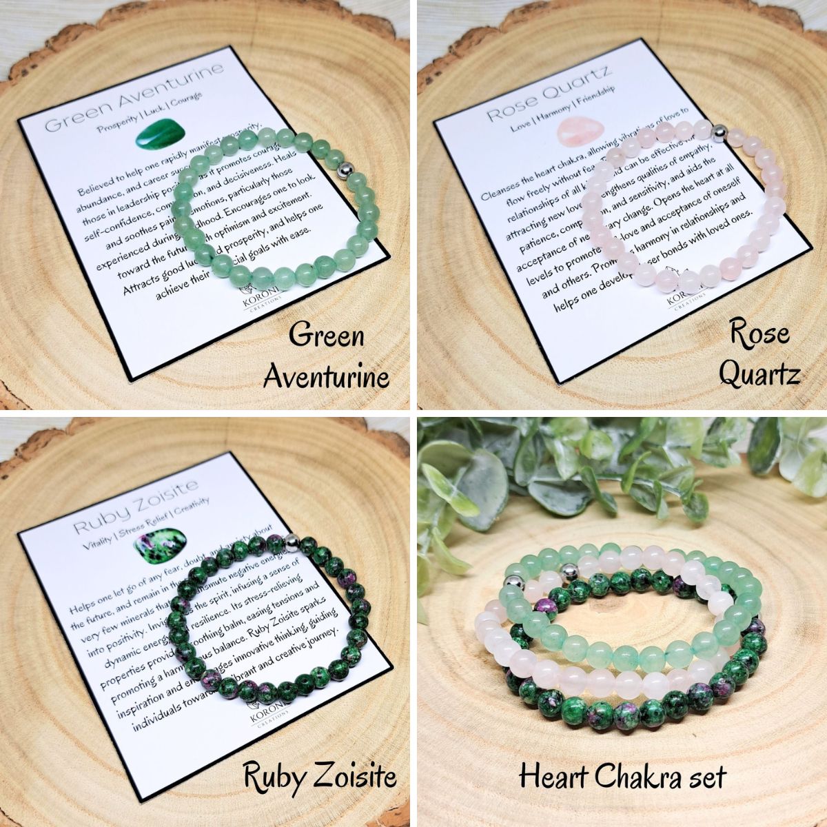 4 photos of crystal bracelets and explanation cards.