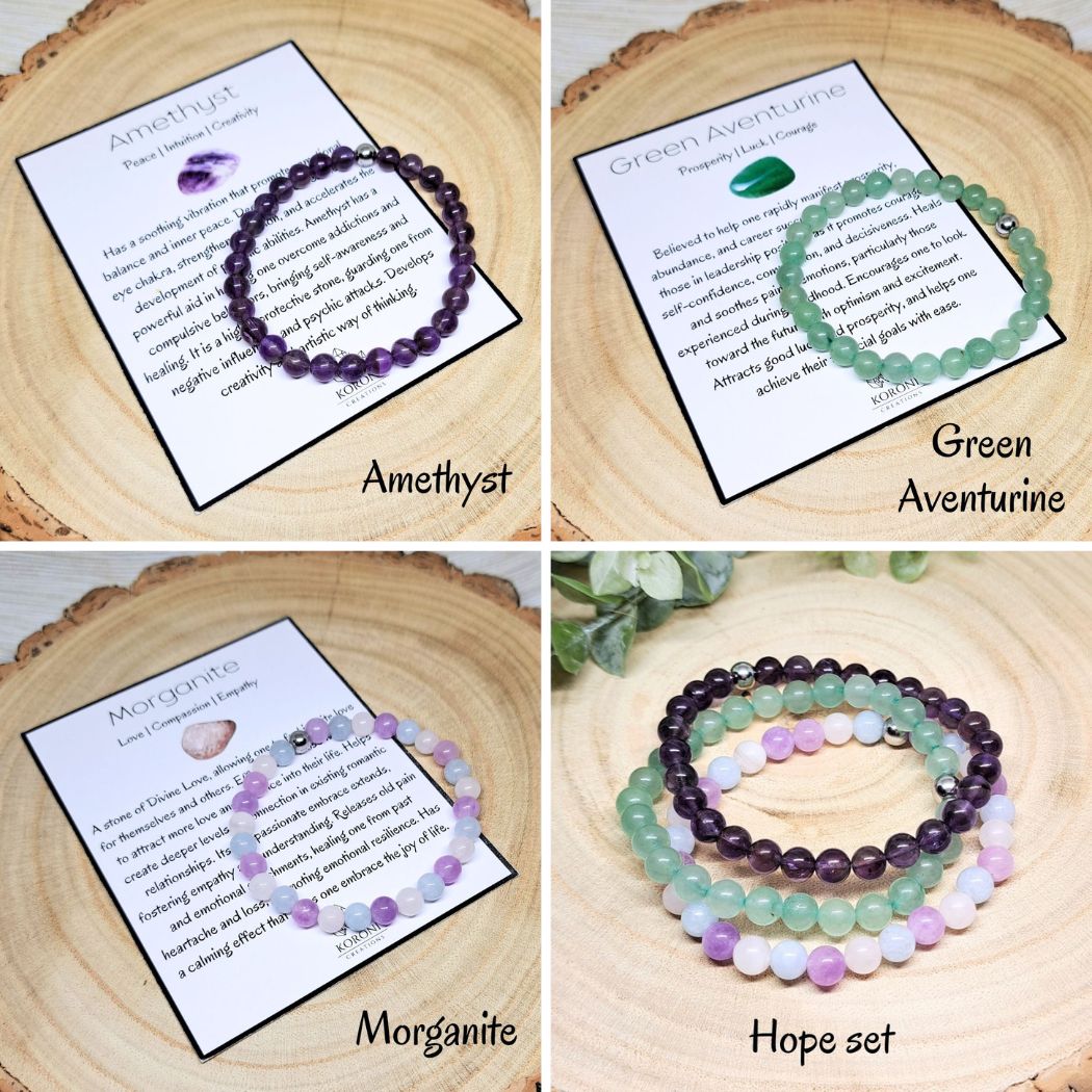 4 photos of crystal bracelets and explanation cards.