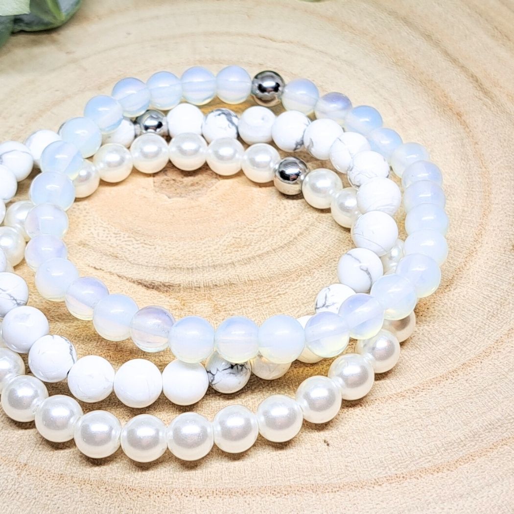 Blue and white beaded bracelets set close look.