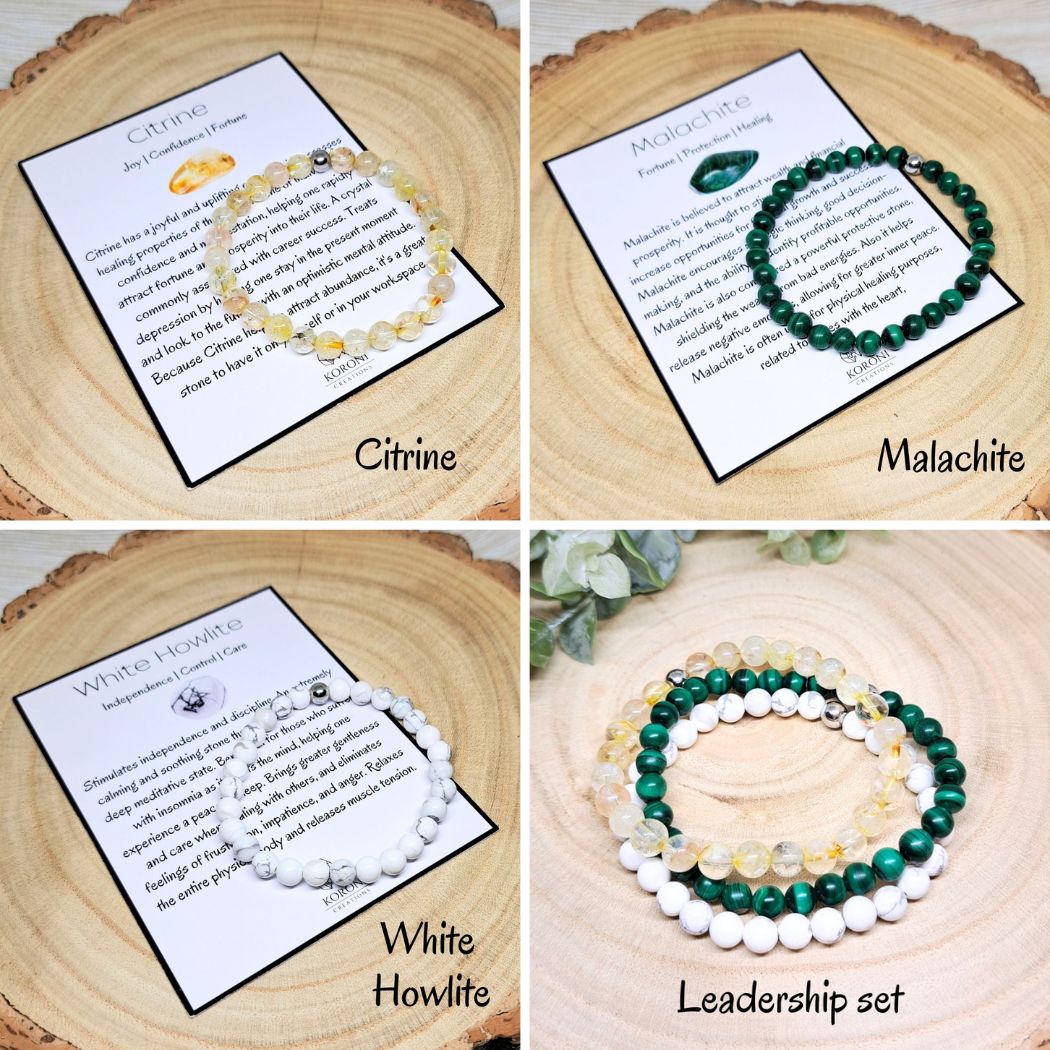 4 photos of crystal bracelets and explanation cards.