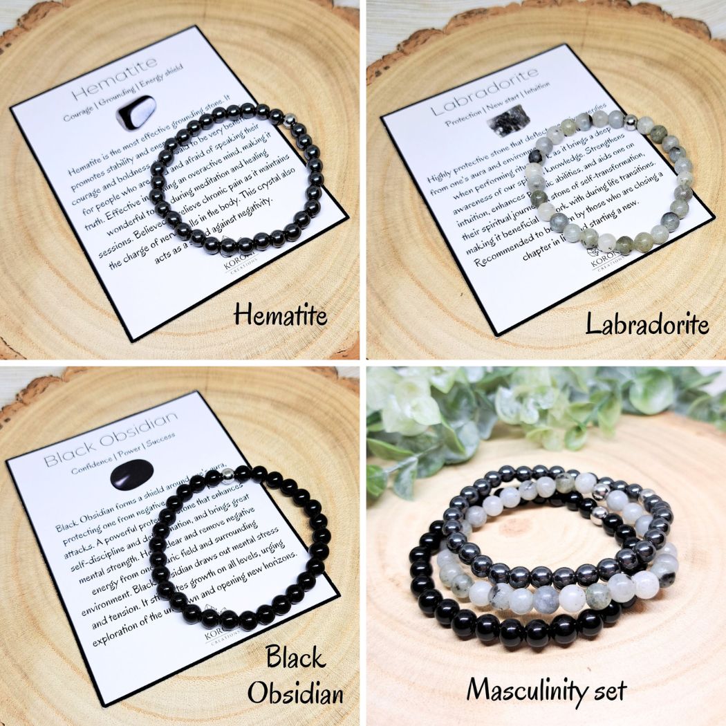 4 photos of crystal bracelets and explanation cards.