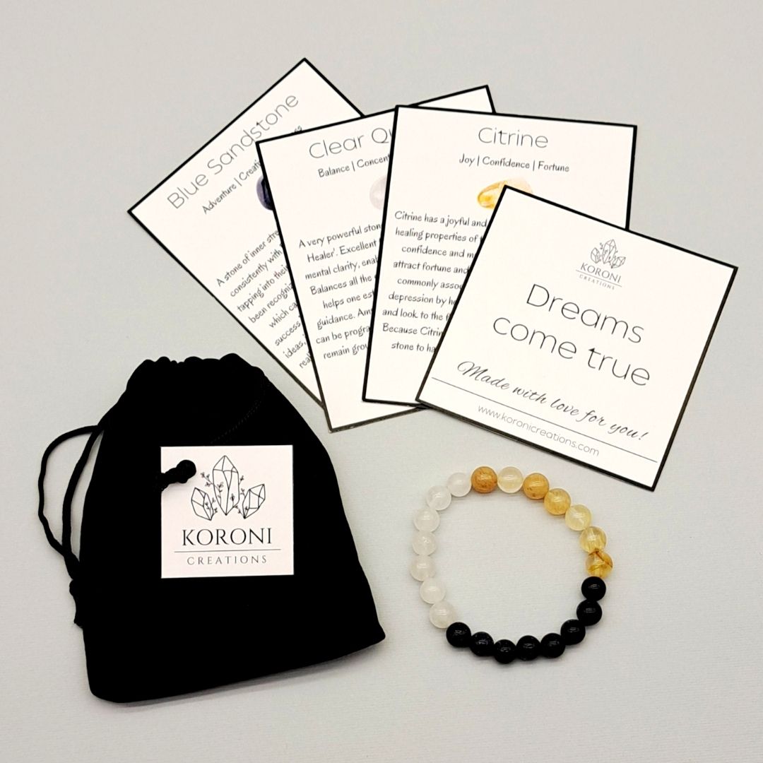 May Your Dreams Come True crystal bracelet with crystal explanation cards and black velvet bag.