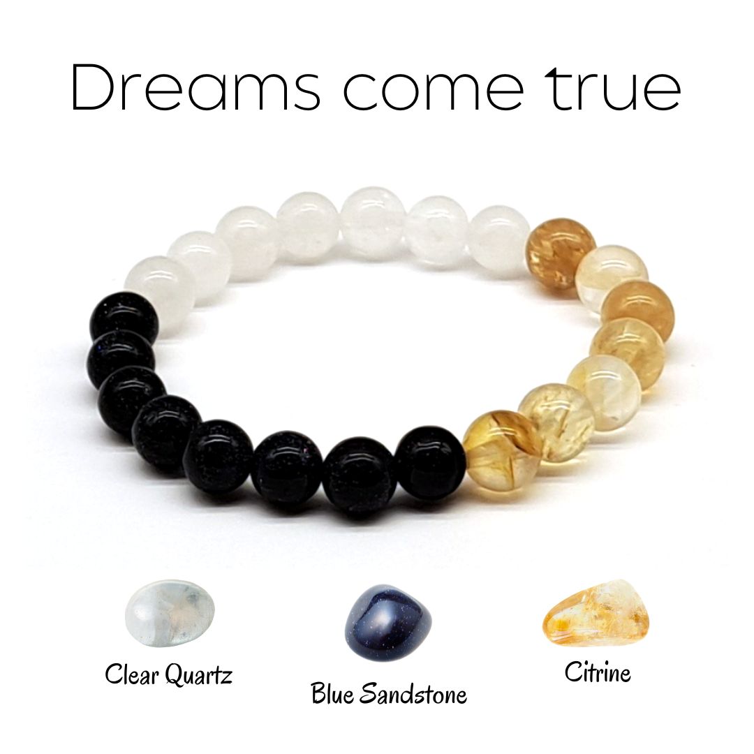 May Your Dreams Come True beaded stretch bracelet made of Clear Quartz, Blue Sandstone, Citrine. Close front look.