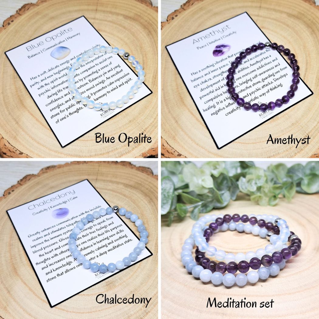 4 photos of crystal bracelets and explanation cards.