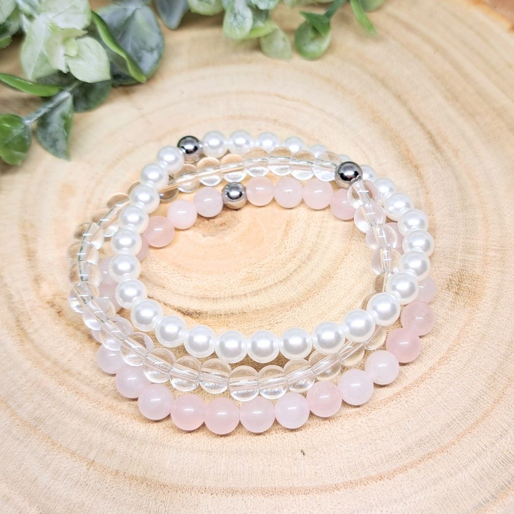 Pink and white crystal bracelets frontal look.