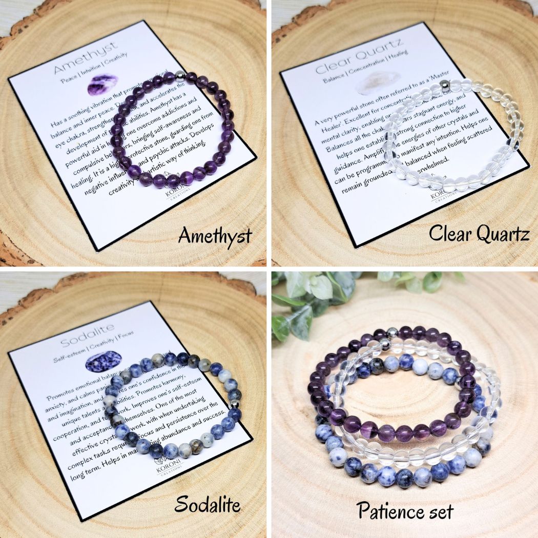 4 photos of crystal bracelets and explanation cards.