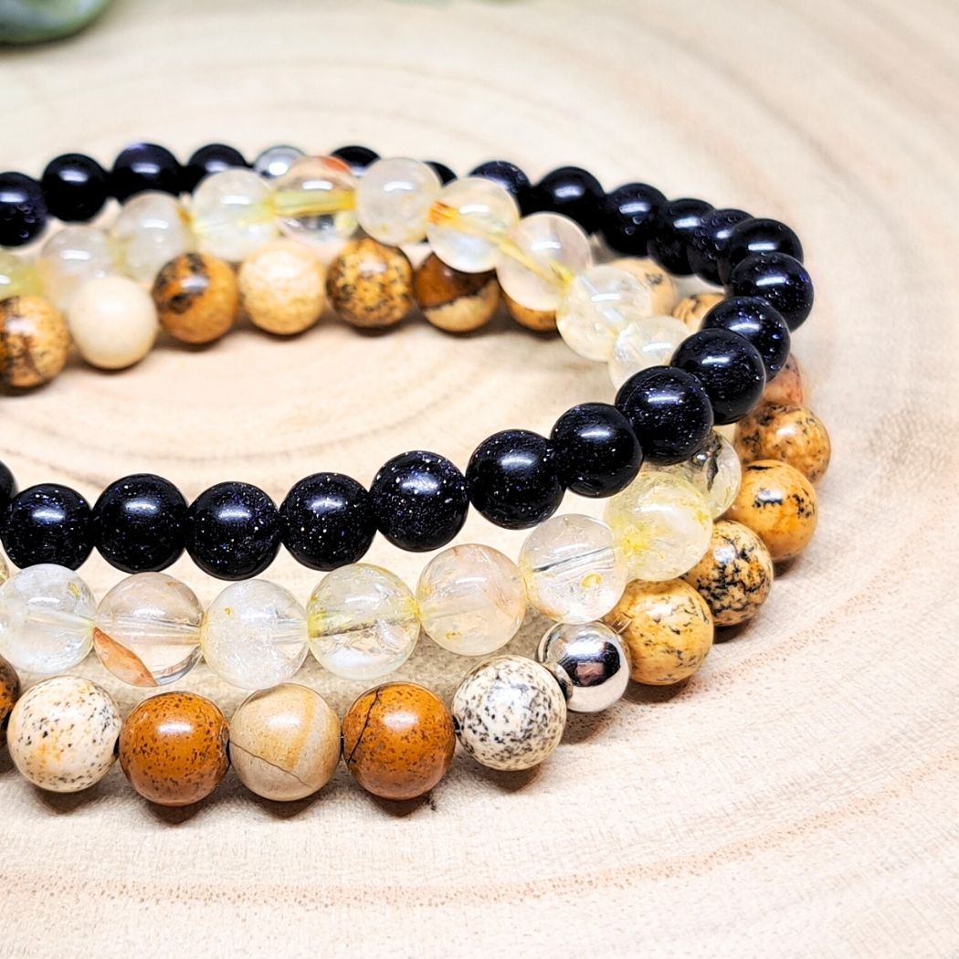 Stone bead bracelets close look.