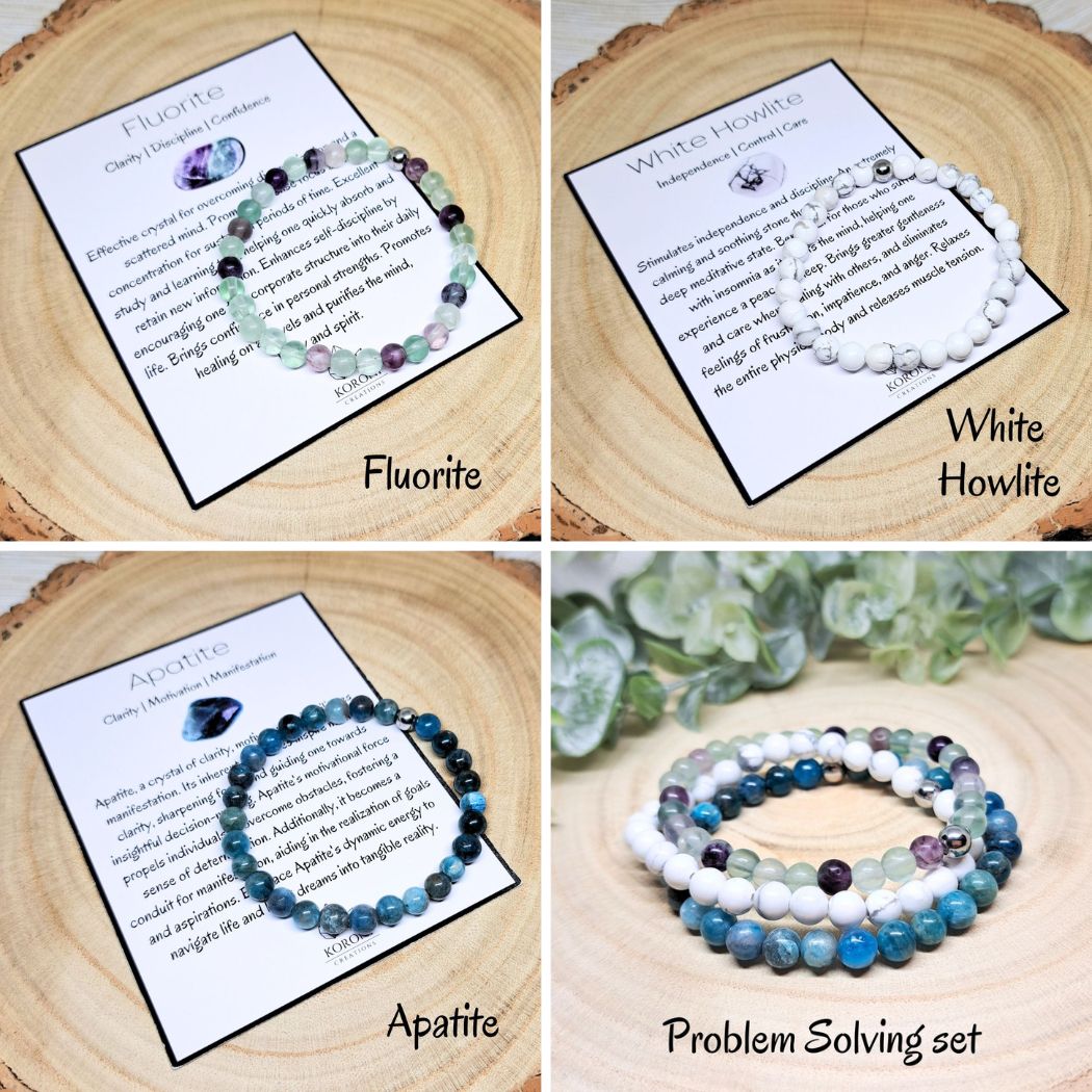 4 photos of crystal bracelets and explanation cards.