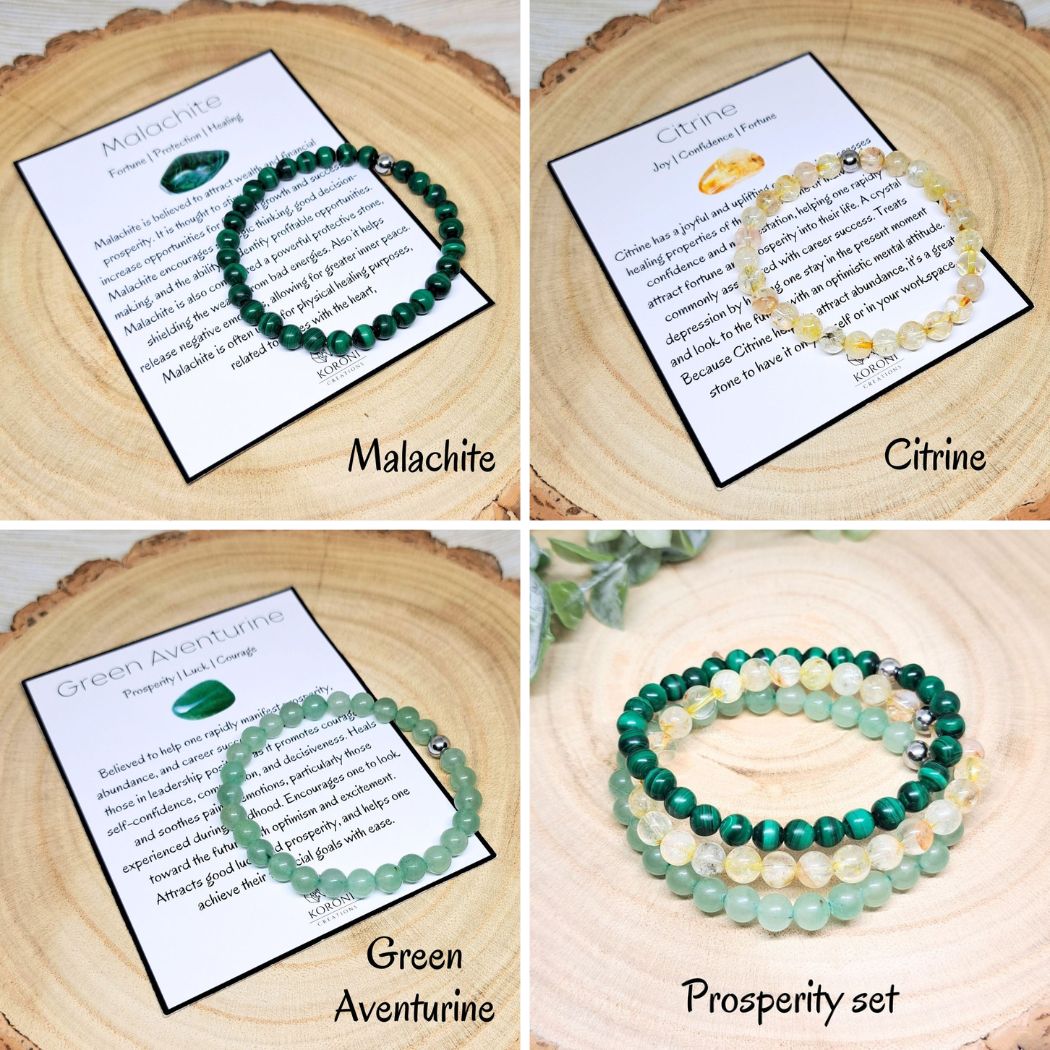 4 photos of crystal bracelets and explanation cards.