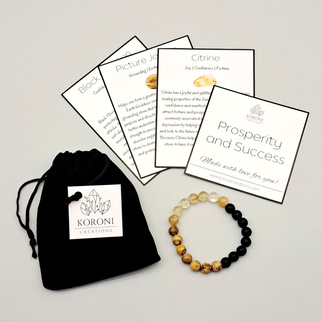 Prosperity bracelet with crystal explanation cards and black velvet bag.