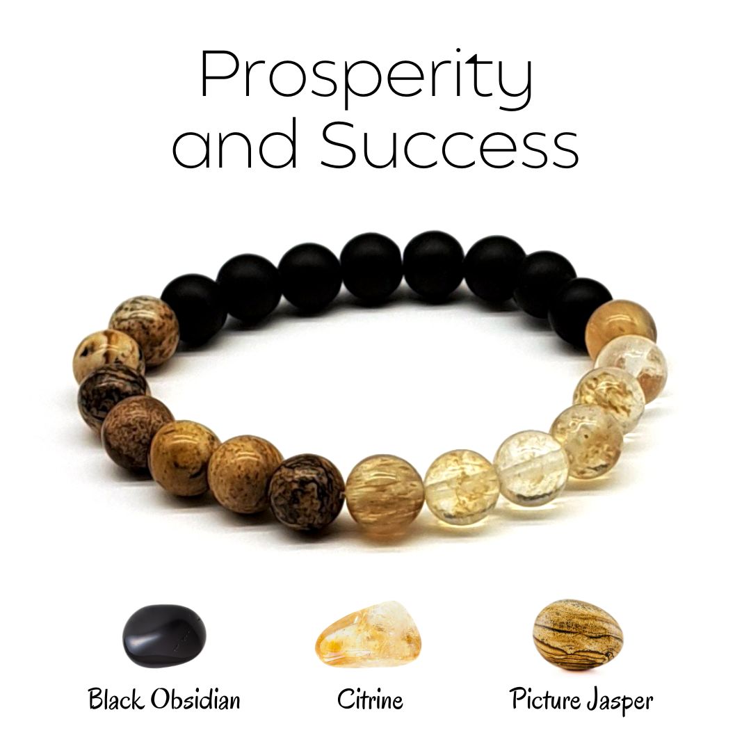 Prosperity beaded stretch bracelet made of Citrine, Black Obsidian, Picture Jasper. Close front look.