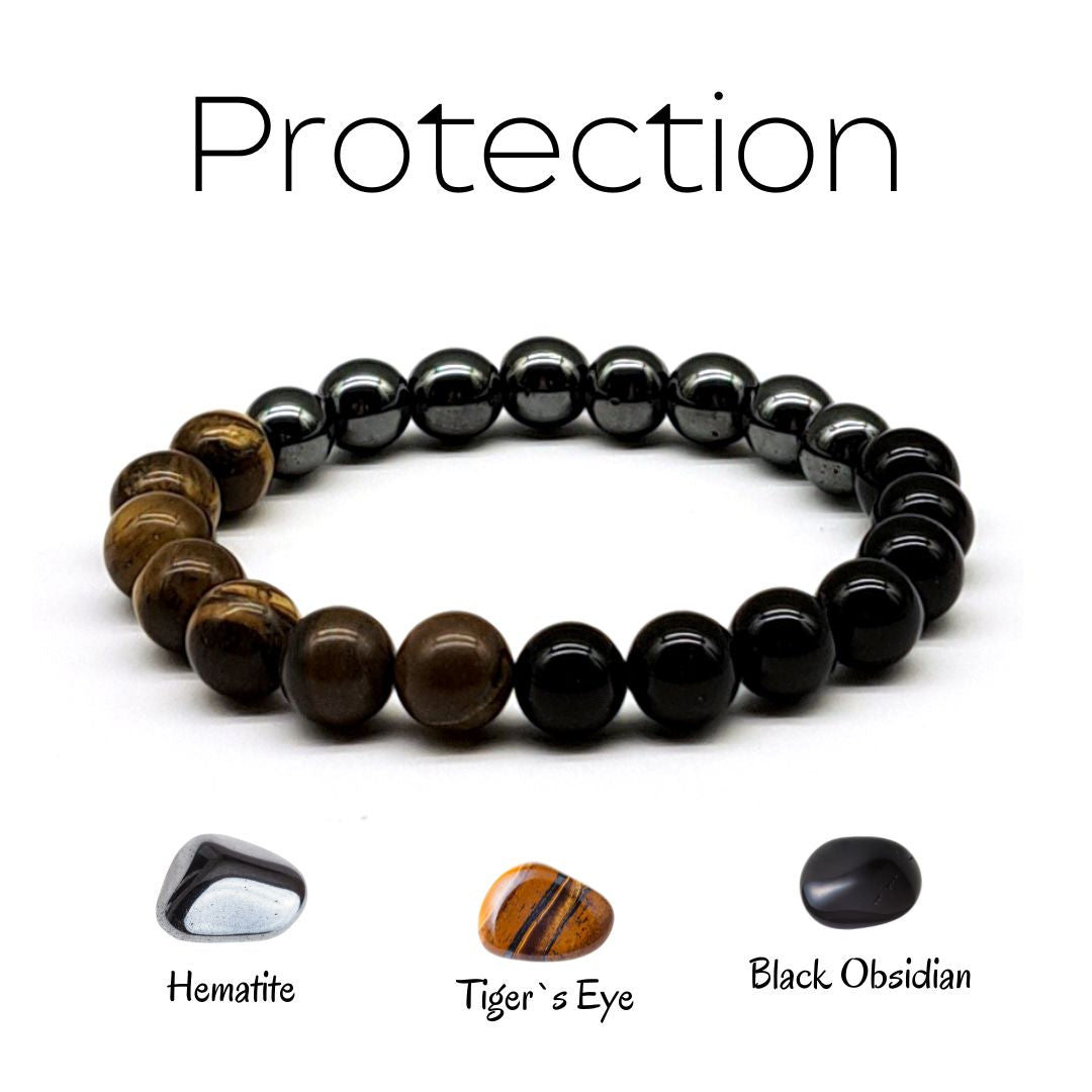 Protection beaded stretch bracelet made of Hematite, Black Obsidian, Tiger`s Eye. Close front look.