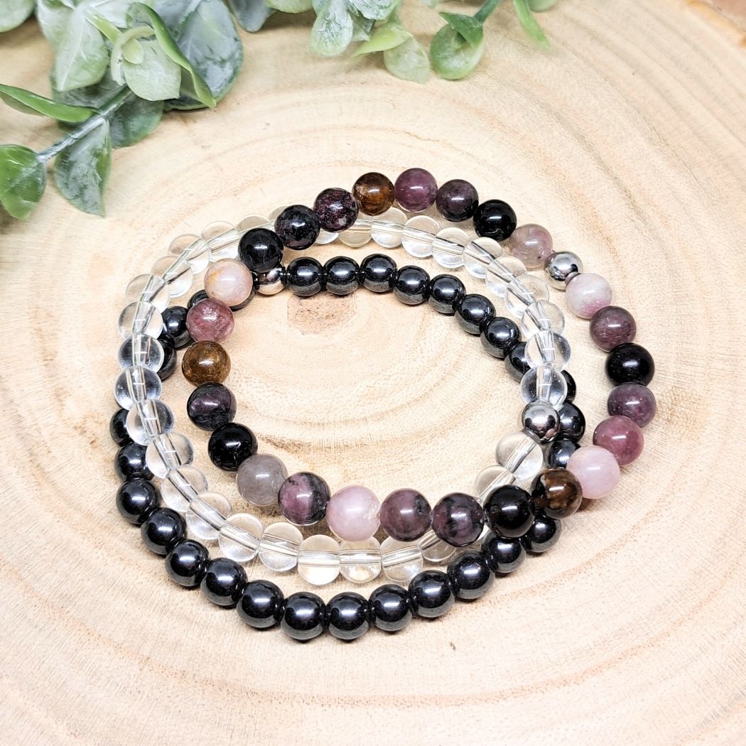 Tourmaline and clear quartz bracelets frontal look.