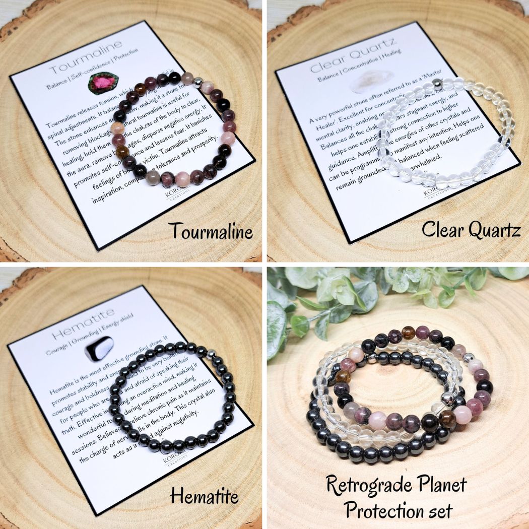 4 photos of crystal bracelets and explanation cards.