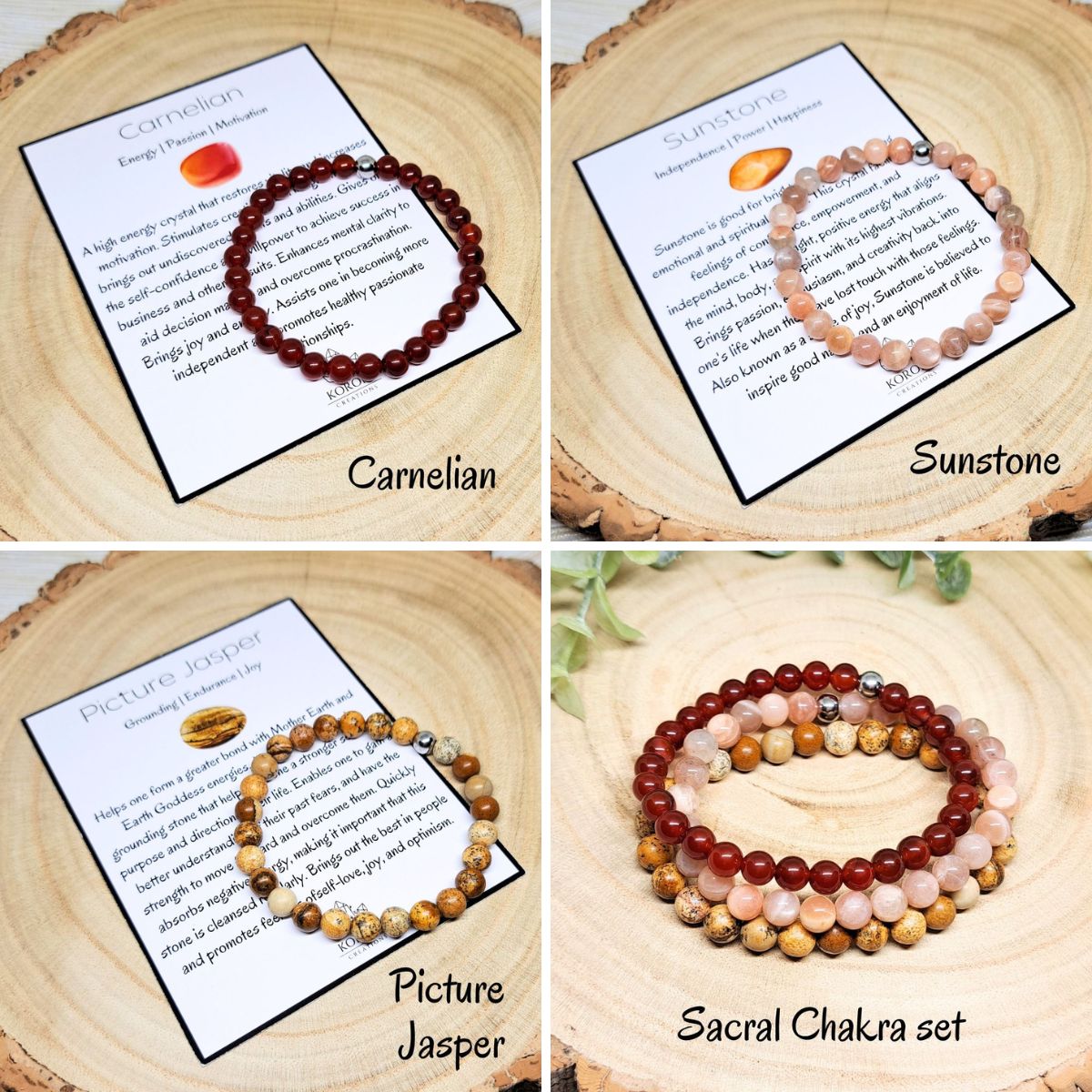 4 photos of crystal bracelets and explanation cards.