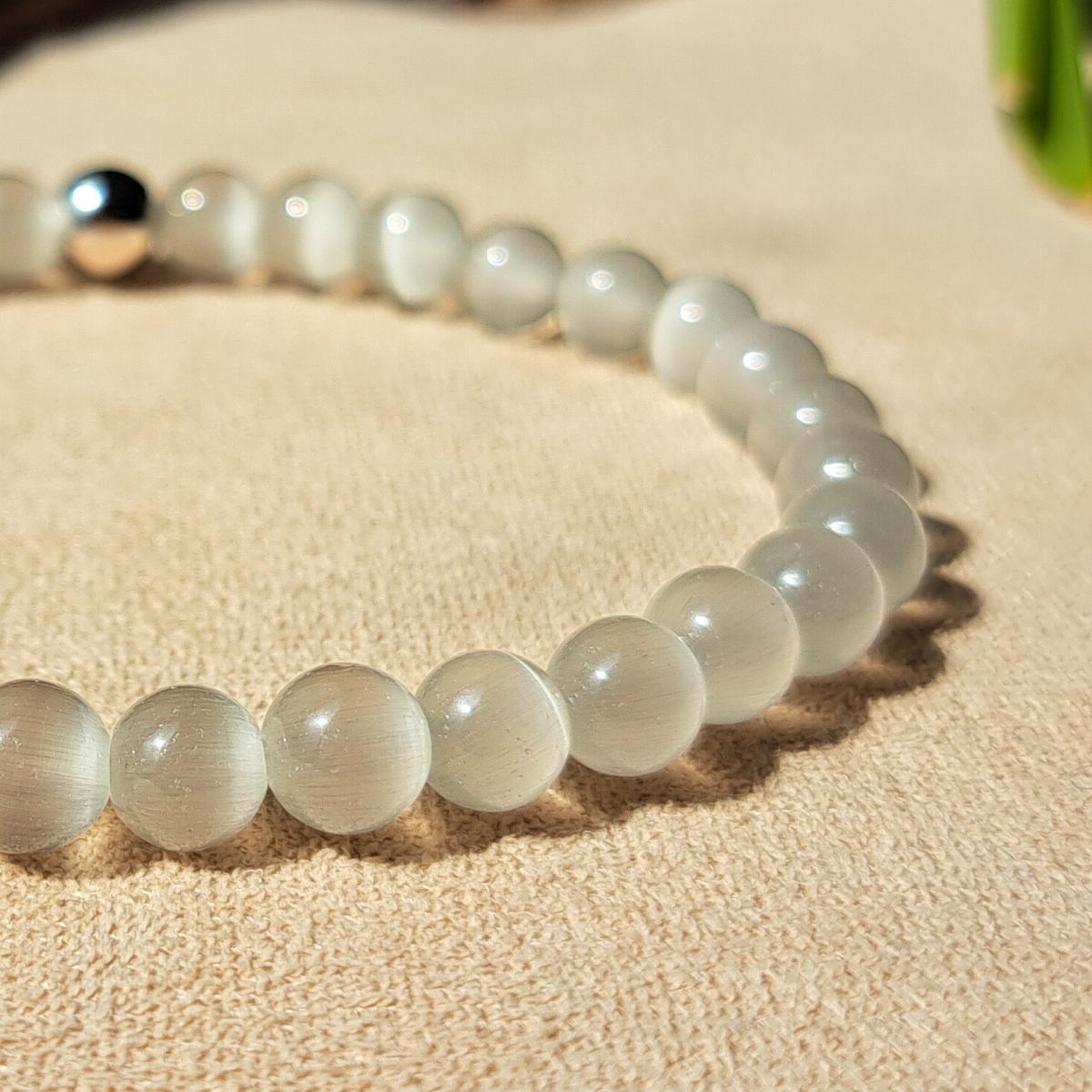 Selenite crystal bracelet close-up.