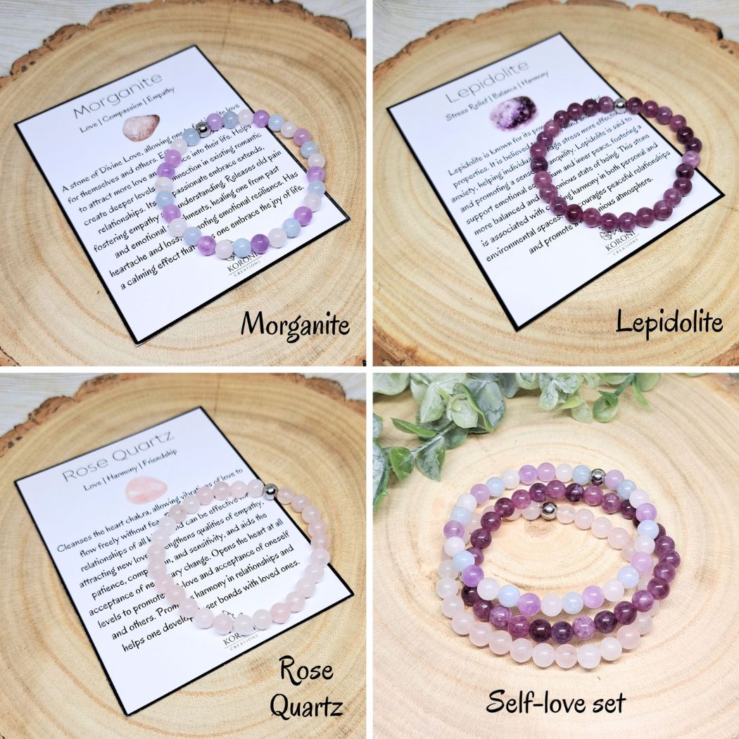 4 photos of crystal bracelets and explanation cards.