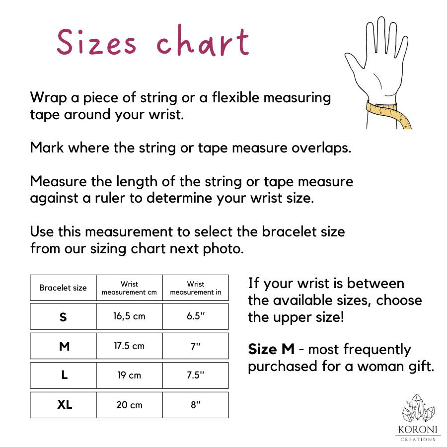 Explanation of measuring a wrist size and a sizes chart.