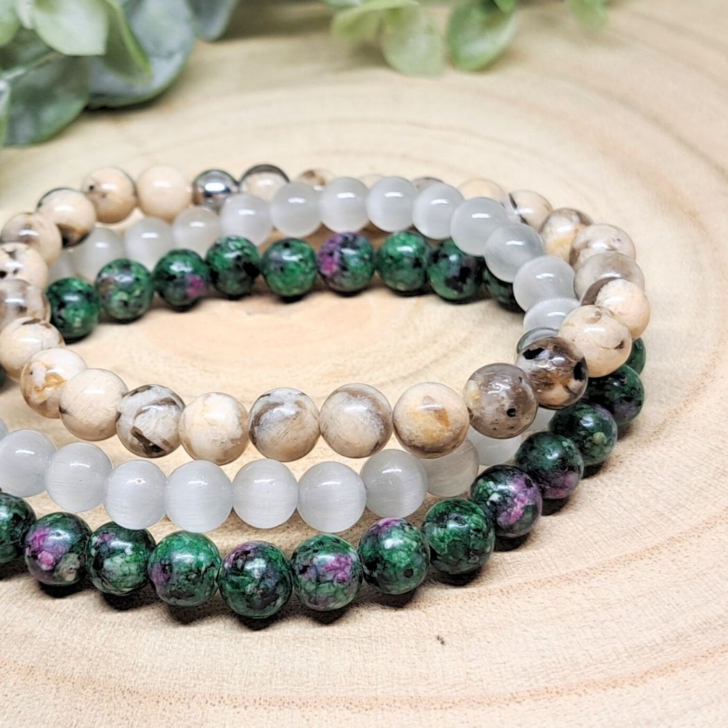 stone bead bracelets close look.