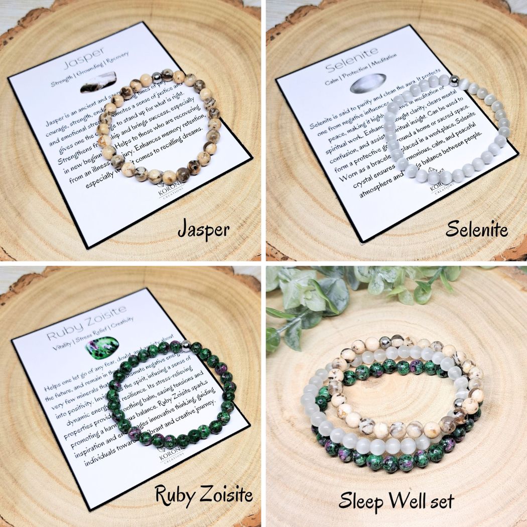 4 photos of crystal bracelets and explanation cards.