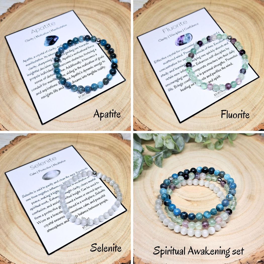 4 photos of crystal bracelets and explanation cards.