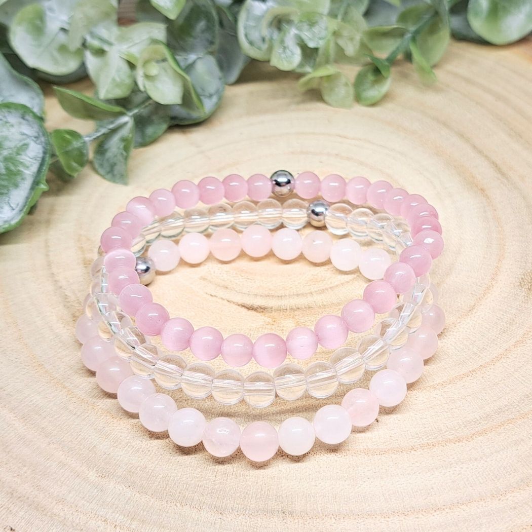 Pink and white crystal bracelets frontal look.