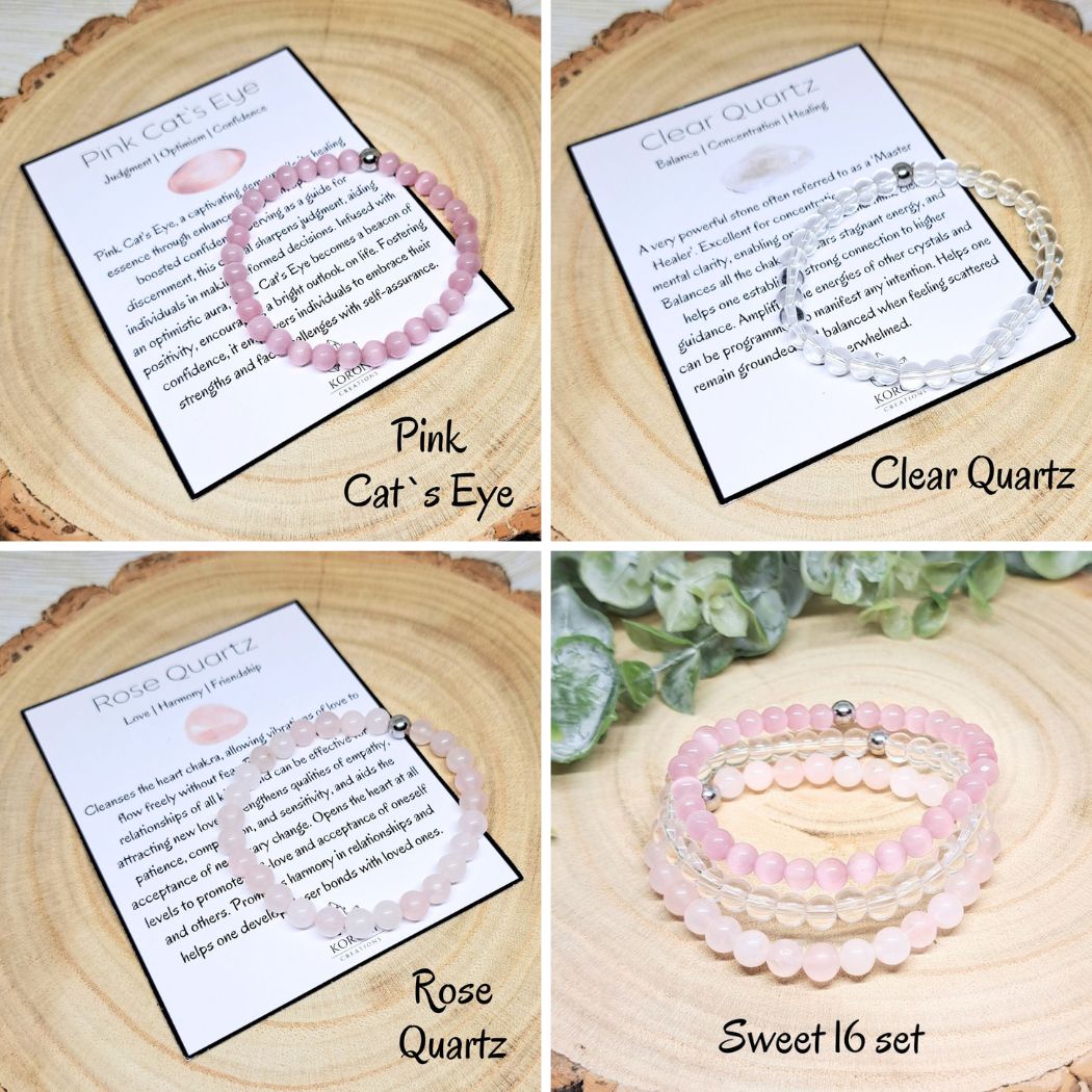 4 photos of crystal bracelets and explanation cards.