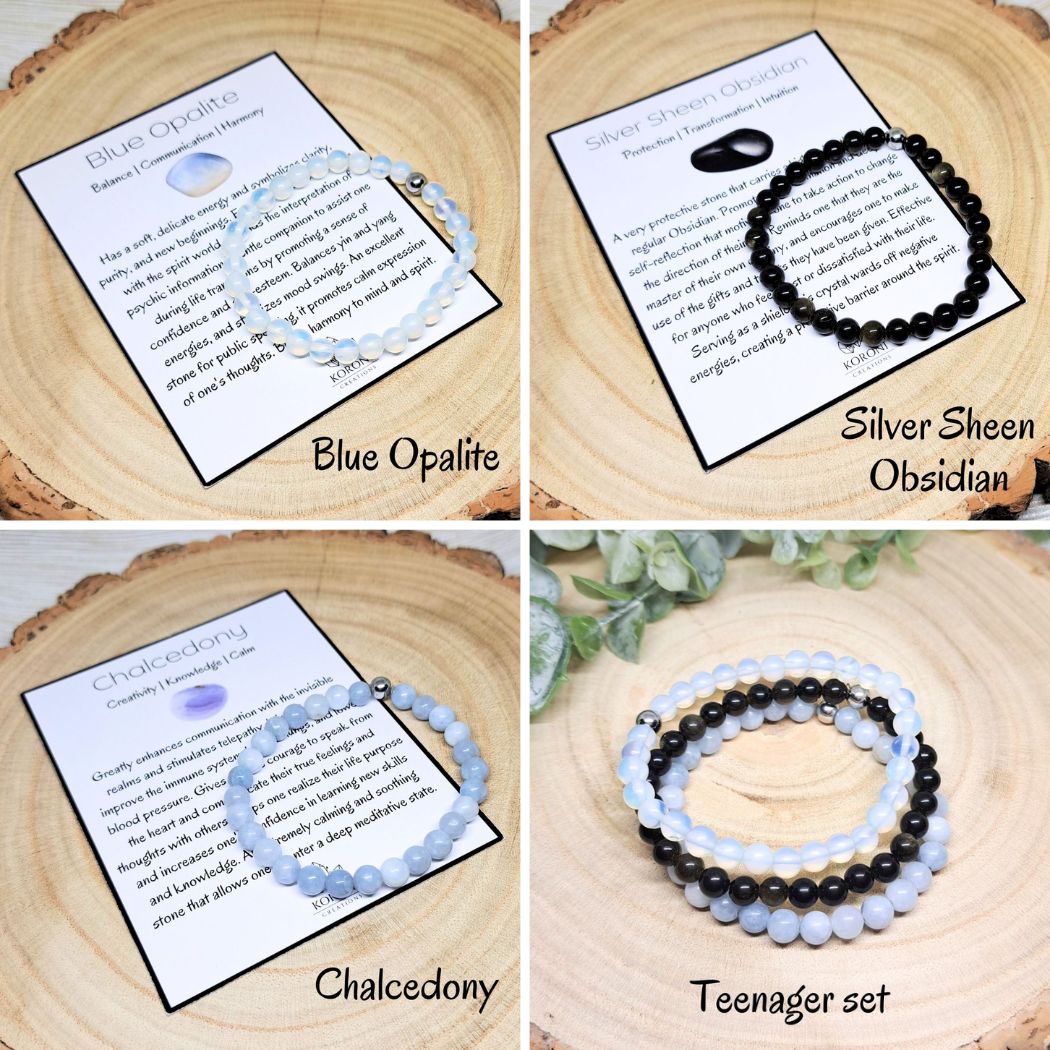 4 photos of crystal bracelets and explanation cards.