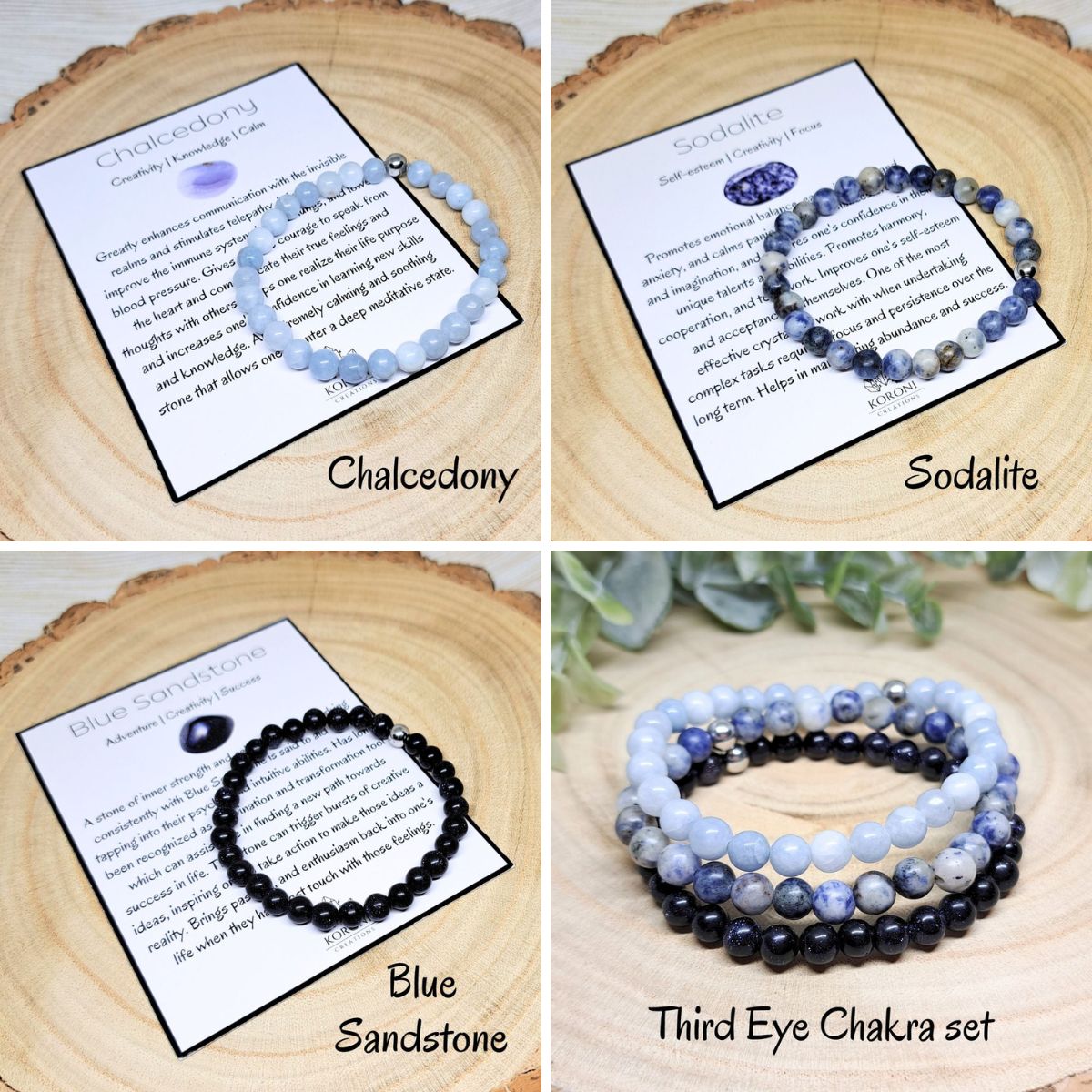 4 photos of crystal bracelets and explanation cards.