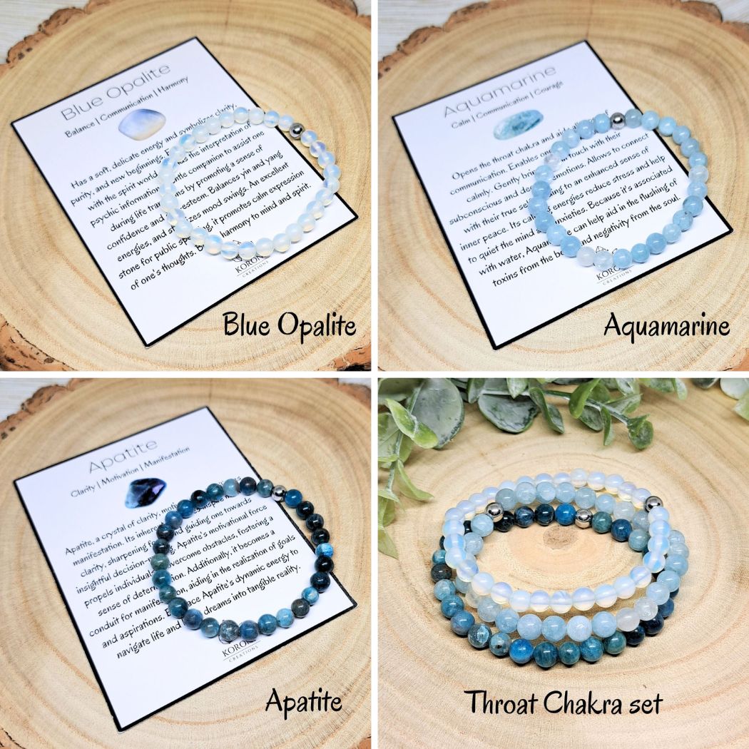 4 photos of crystal bracelets and explanation cards.