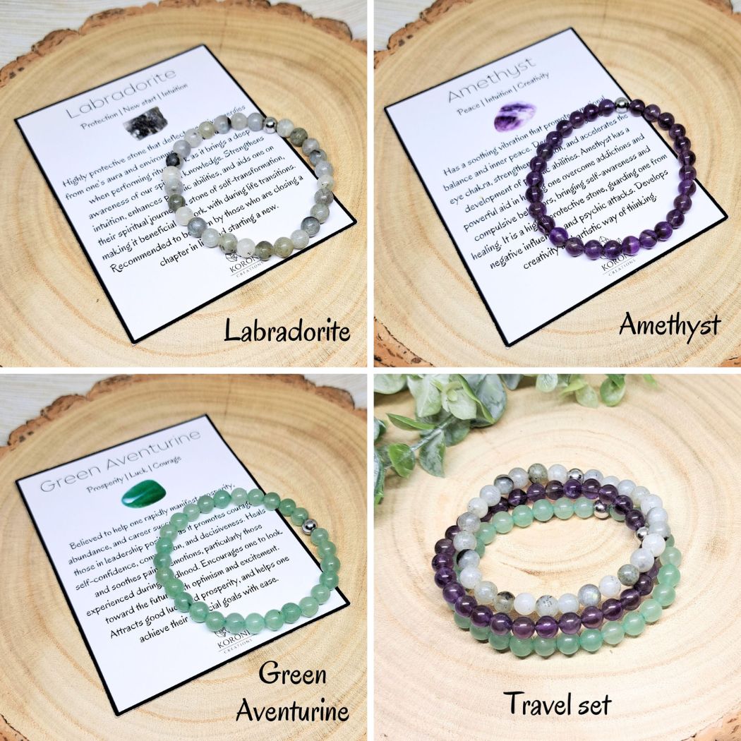 4 photos of crystal bracelets and explanation cards.